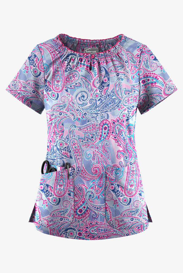 Butter-Soft STRETCH Paisley Romance Fuchsia Women's 6-Pocket Peasant Style Print Scrub Top - null - 1