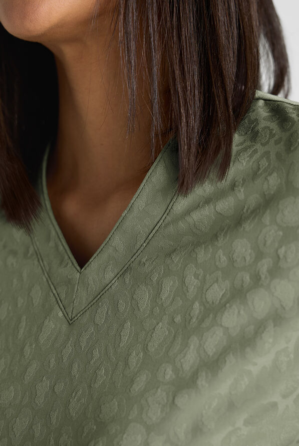 Easy STRETCH Lina Women's Jacquard 4-Pocket V-Neck Scrub Top - Olive Leaf - 3