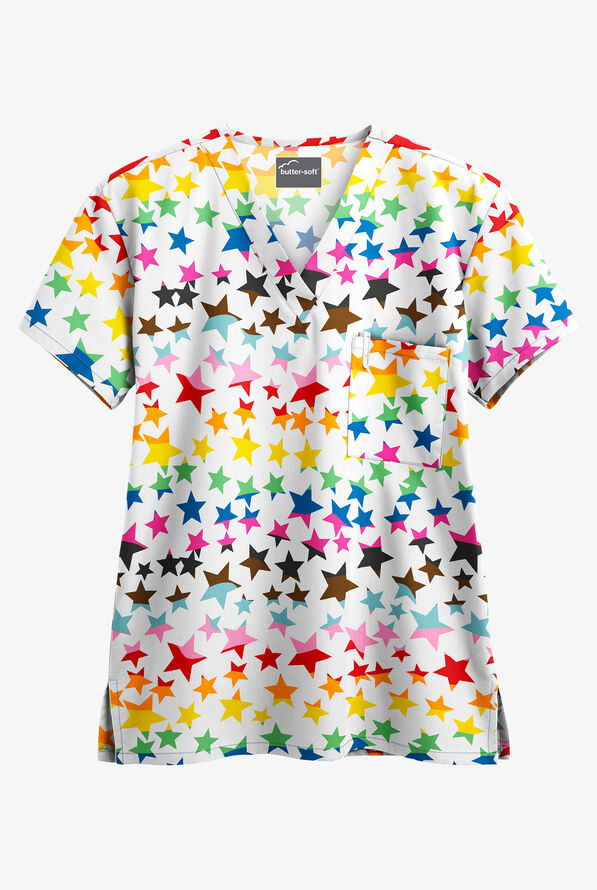 Butter-Soft White Happy Stars Unisex 1-Pocket V-Neck Print Scrub Top - null - 1