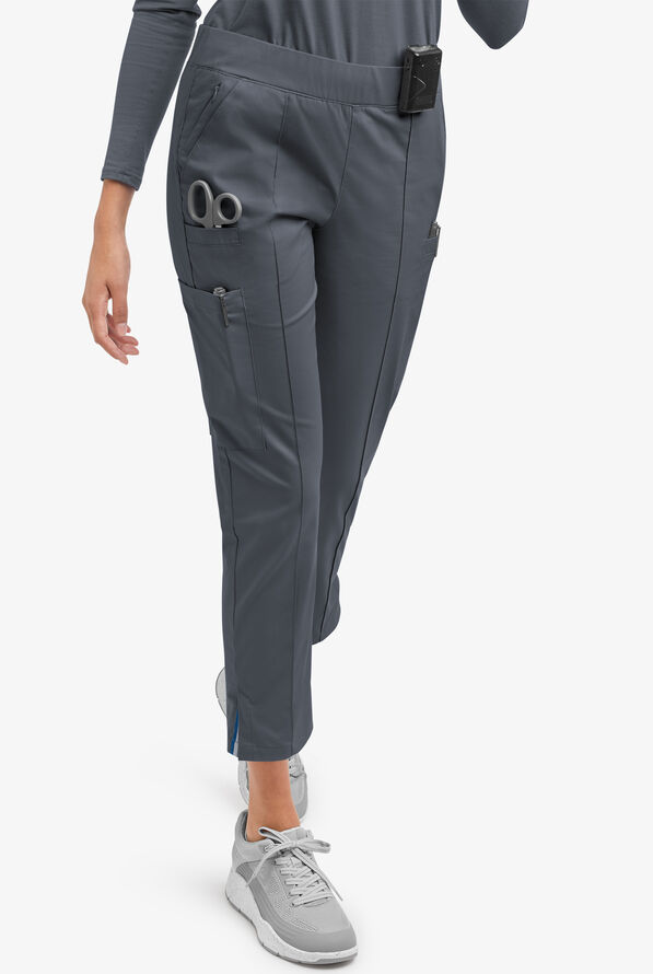 Butter-Soft STRETCH Women's 6-Pocket Pin-Tuck Crop Slim with Sport Trim Detail Scrub Pants - Pewter/Silver Melange - 1