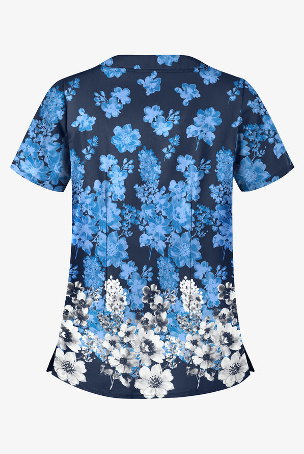 Blusa médica estampada Butter-Soft Venice Border Navy con cuello festoneado y 2 bolsillos para mujer - null - 2