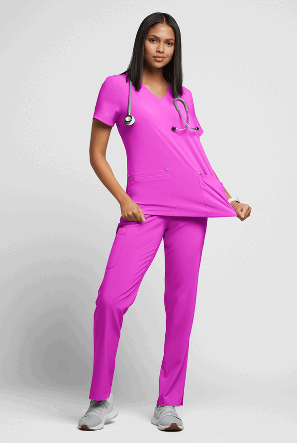 Blusa m&eacute;dica Easy STRETCH Lina con cuello en V ingleteado y 4 bolsillos para mujer - Electric Fuchsia - 4