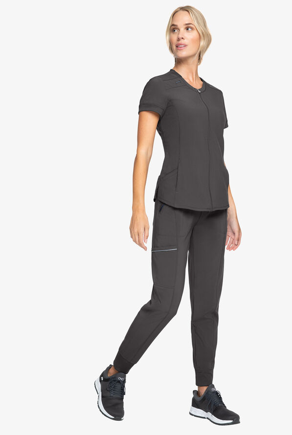 Blusa médica Cherokee Infinity con cuello redondo y cremallera para mujer - Pewter - 6