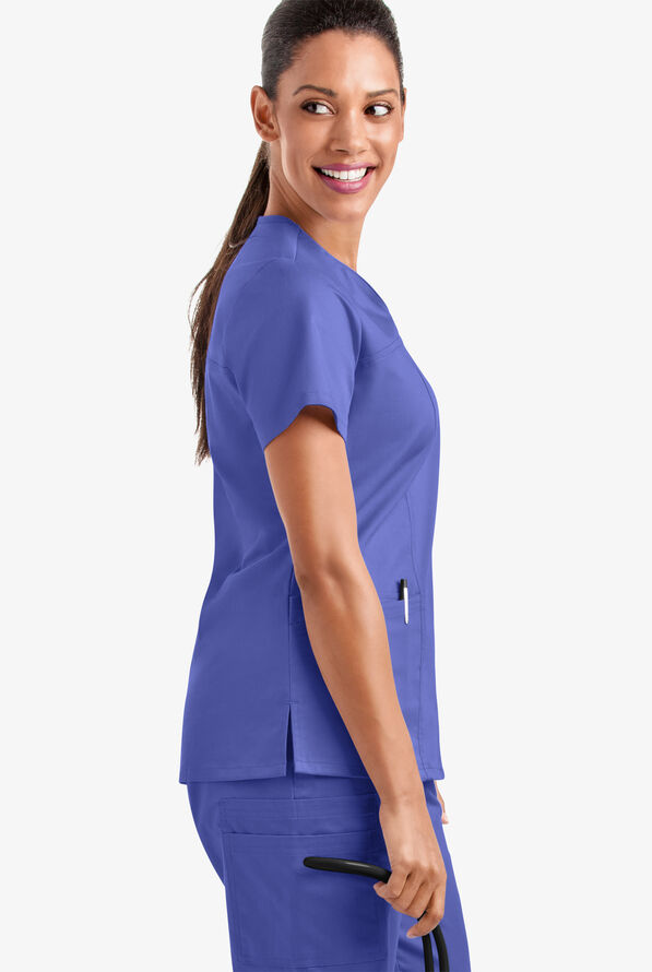 Butter-Soft STRETCH Women's 4-Pocket Sweetheart Neck Scrub Top - Amparo Blue - 4