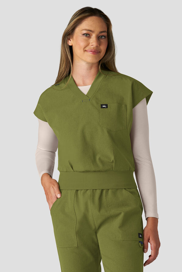 koi Solis Trinity Women's 1-Pocket STRETCH Banded Bottom Split V-Neck Scrub Top - Martini Olive - 2