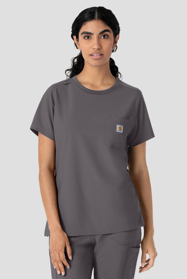 Carhartt Cross-Flex Force Women's 1-Pocket STRETCH Knit Trim Crew Neck Scrub Top - Pewter - 2