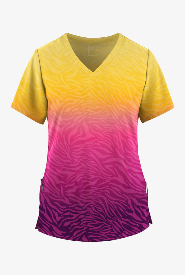Easy STRETCH Sunrise Zebra Eggplant Women's V-Neck Print Scrub Top - null - 1