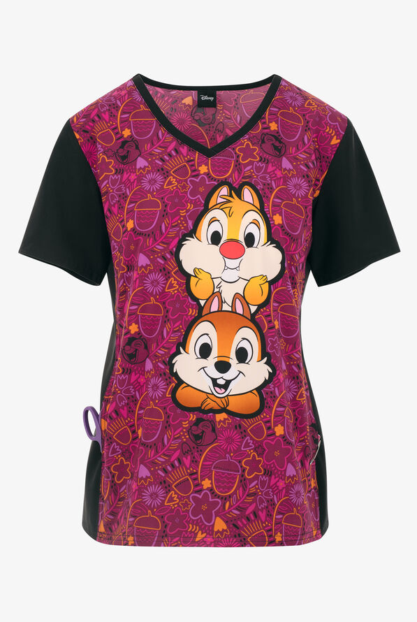 Tooniforms Disney's Chip 'N Dale Nuts For Nuts Women's 1-Pocket STRETCH V-Neck Print Scrub Top - null - 1