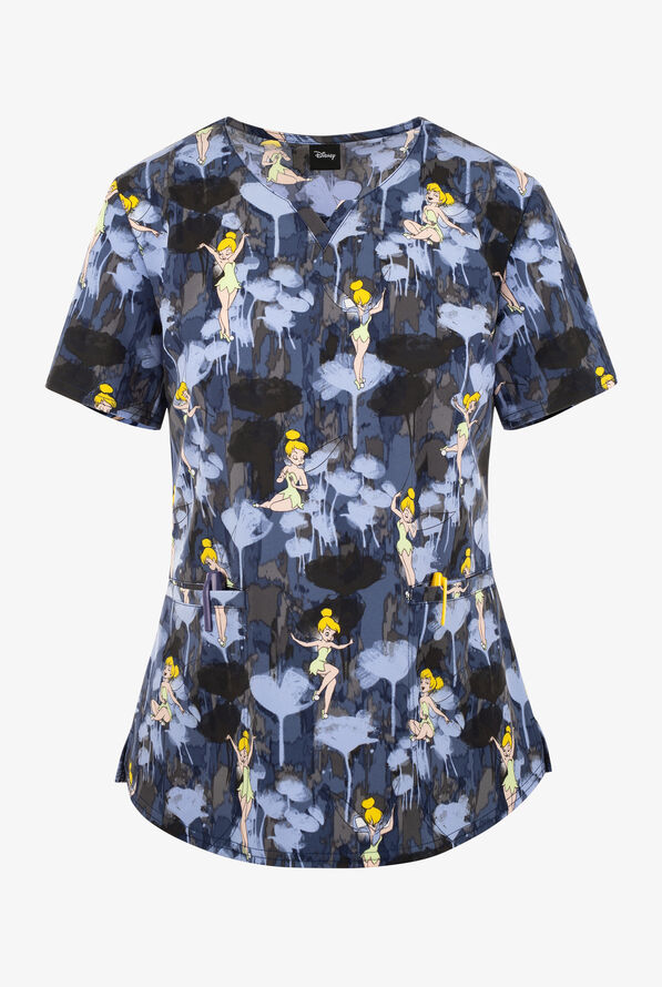 Tooniforms Disney's Tinkerbell World of Magic Women's 2-Pocket STRETCH V-Neck Print Scrub Top - null - 1
