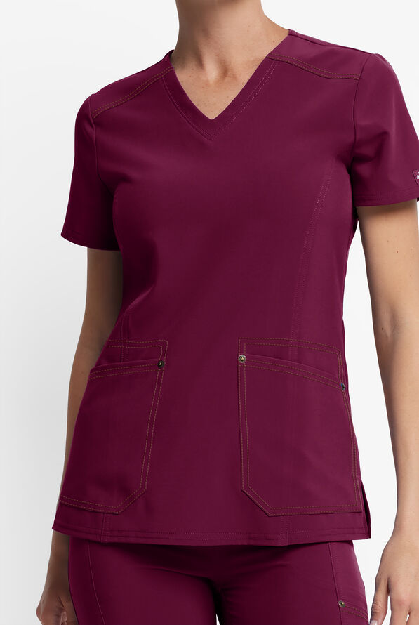 Dickies Riveting Women's 2-Pocket STRETCH Contrast Stitching V-Neck Scrub Top - Wine - 2