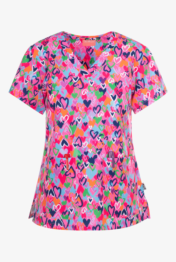 Zavate Ava Therese Lovestuck Women's 2-Pocket STRETCH V-Neck Print Scrub Top - null - 1