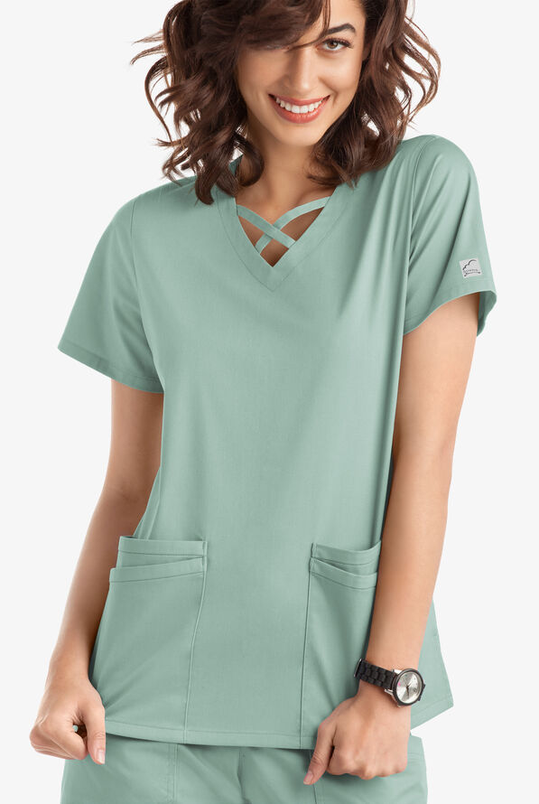 Blusa m&eacute;dica UA Butter-Soft STRETCH con lazos entrecruzados y 4 bolsillos para mujer - Eucalyptus Leaf - 2