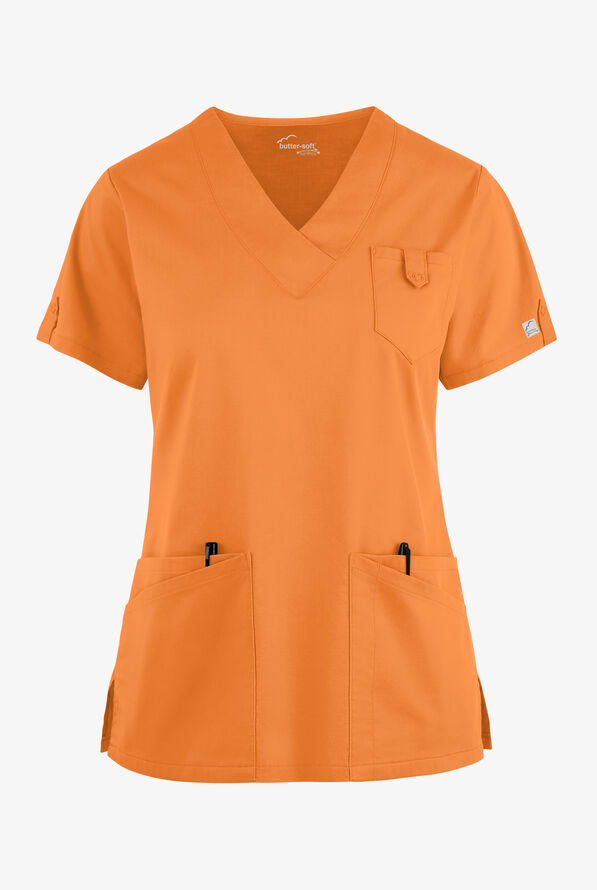 Butter-Soft STRETCH Women's 6-Pocket V-Neck Scrub Top - Apricot Crush - 1