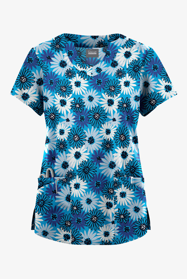 Blusa médica estampada Butter-Soft Originals Pop Of Daisies Turquoise con cuello festoneado y 6 bolsillos para mujer - null - 1