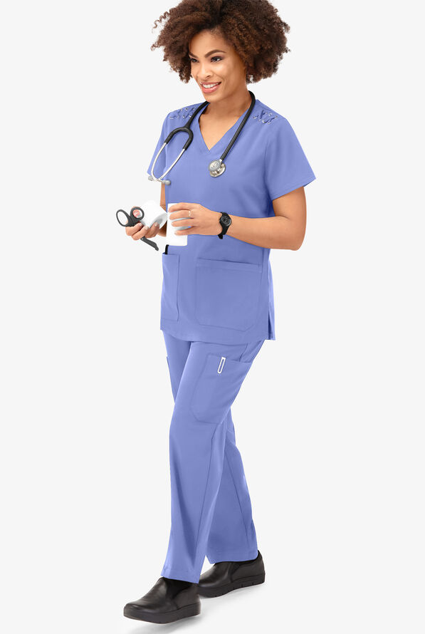 Blusa m&eacute;dica Easy STRETCH Leila con ojales con lazos y 3 bolsillos para mujer - Ceil Blue - 6