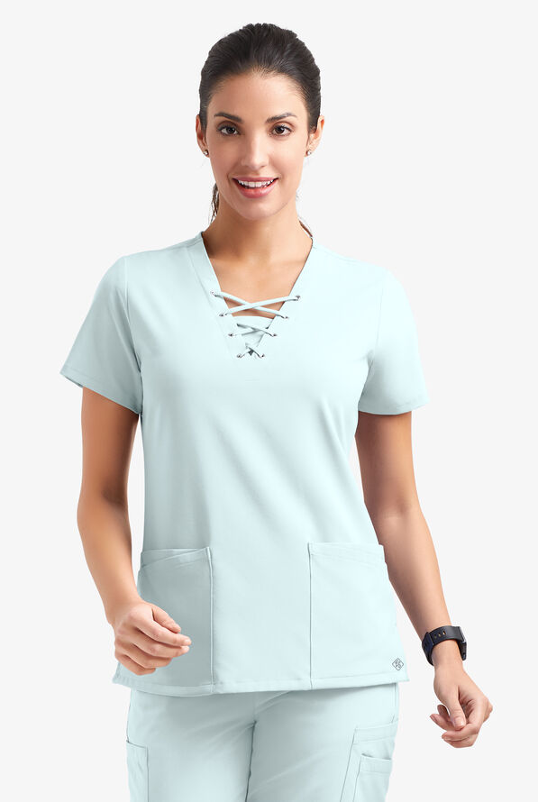 Easy STRETCH Gisele Women's 4-Pocket Lace Up V-Neck Scrub Top - Blue Frost - 2
