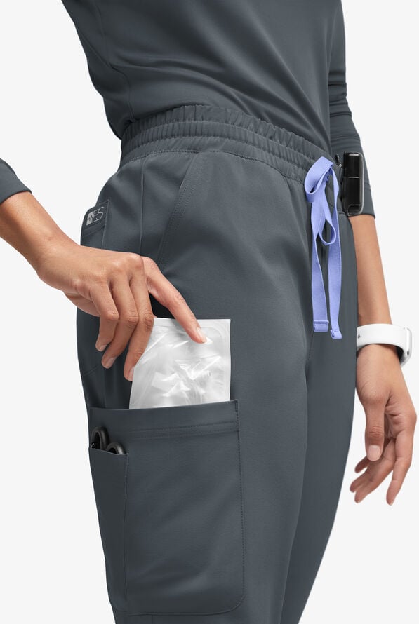 Easy STRETCH Naya Women’s Natural Waist 6-Pocket Straight Leg Scrub Pants - Petite - Pewter/Ceil - 2