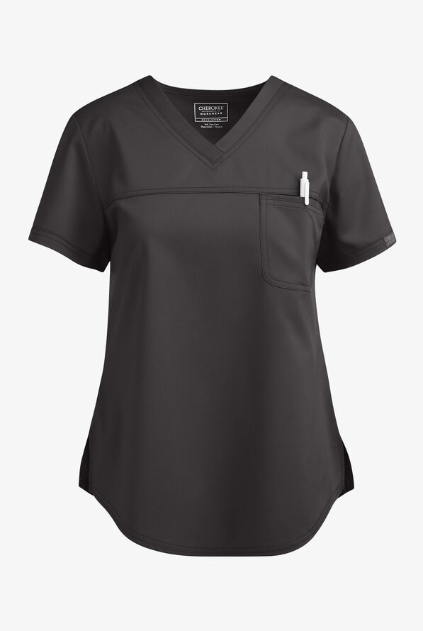 Cherokee Workwear Revolution Women's 1-Pocket STRETCH Tuck In V-Neck Scrub Top - Pewter - 1