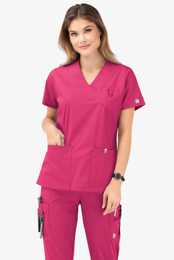 Blusa m&eacute;dica Butter-Soft STRETCH con cuello en V y 6 bolsillos para mujer - Fuchsia - 8
