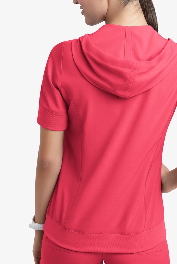 Easy STRETCH True Women's 3-Pocket Short Sleeve Pull-Over Scrub Hoodie - Bright Watermelon - 4