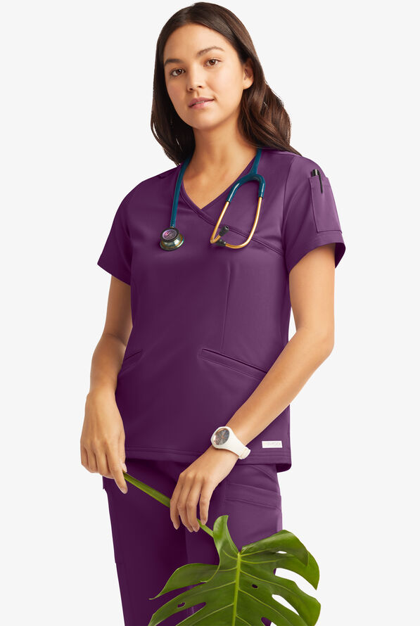 Butter-Soft Women's 5-Pockets Faux Wrap Scrub Top **Slightly IRREGULAR** - Eggplant - 7