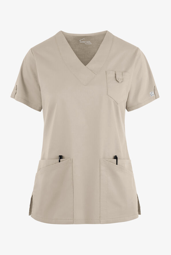 Butter-Soft STRETCH Women's 6-Pocket V-Neck Scrub Top - Warm Sand - 1