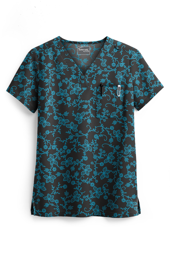 Butter-Soft STRETCH Black Floral Vines Women's 1-Pocket Tuck-In V-Neck Print Scrub Top - null - 1