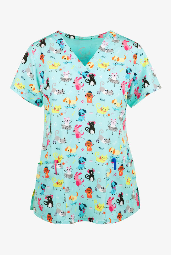 Maevn Playful Friends Women's 3-Pocket STRETCH V-Neck Print Scrub Top - null - 1