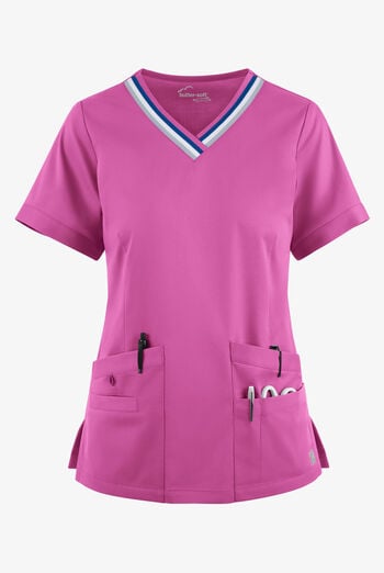 Butter-Soft STRETCH Women's 5-Pocket Short Sleeve V-Neck with Sport Trim Detail Scrub Top