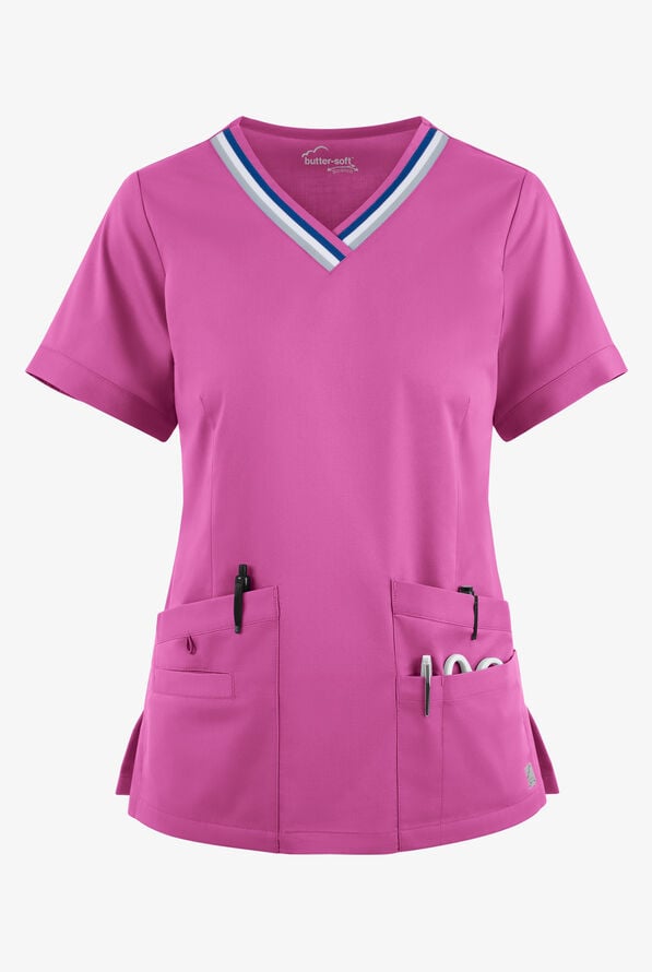 Butter-Soft STRETCH Women's 5-Pocket Short Sleeve V-Neck with Sport Trim Detail Scrub Top - Rosebud - 1