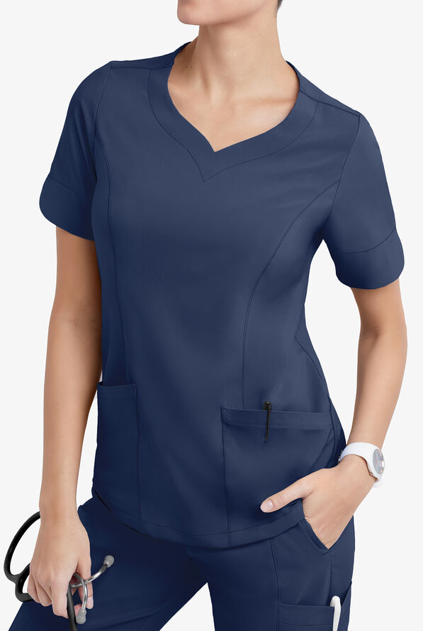 Easy STRETCH Aisha Women's 2-Pocket Sweetheart Neckline Scrub Top - Navy - 3