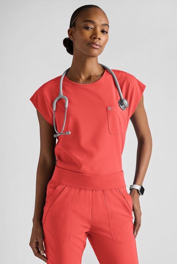 Blusa m&eacute;dica Easy STRETCH Gracie con cuello redondo y mangas dolm&aacute;n para mujer - Spiced Coral - 1