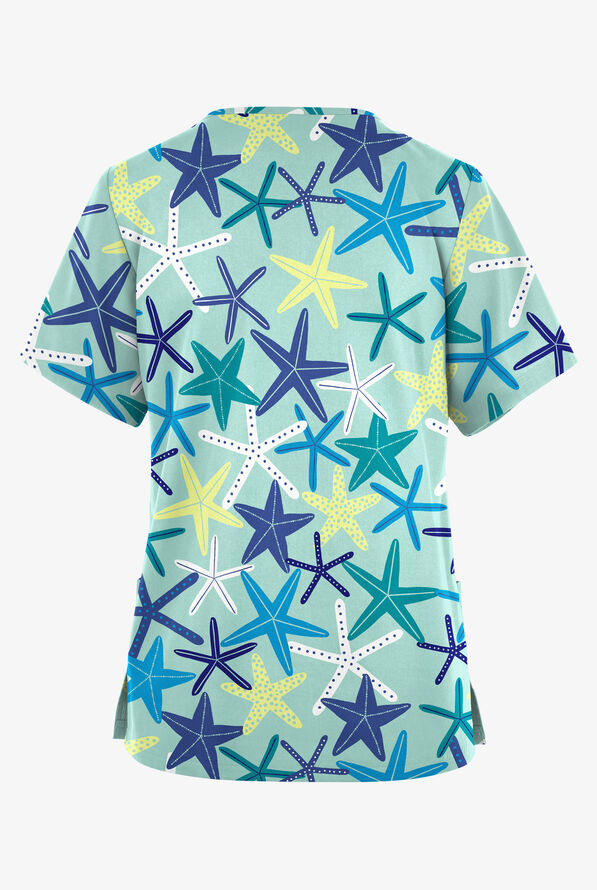 Butter-Soft Originals Lucky Star Salt Blue Women's 2-Pocket V-Neck Print Scrub Top - null - 2