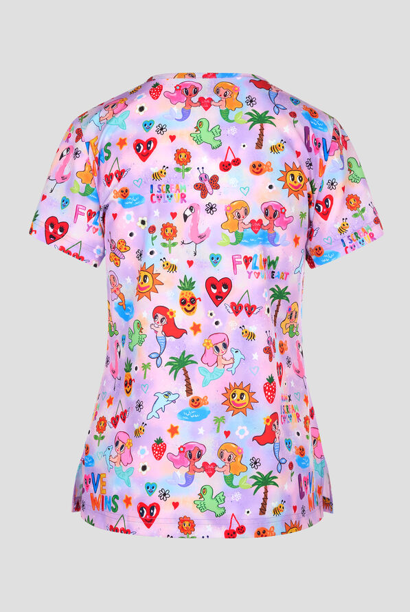 koi Lite Liddle Mermaids Women's 2-Pocket Notched V-Neck Print Scrub Top - null - 2