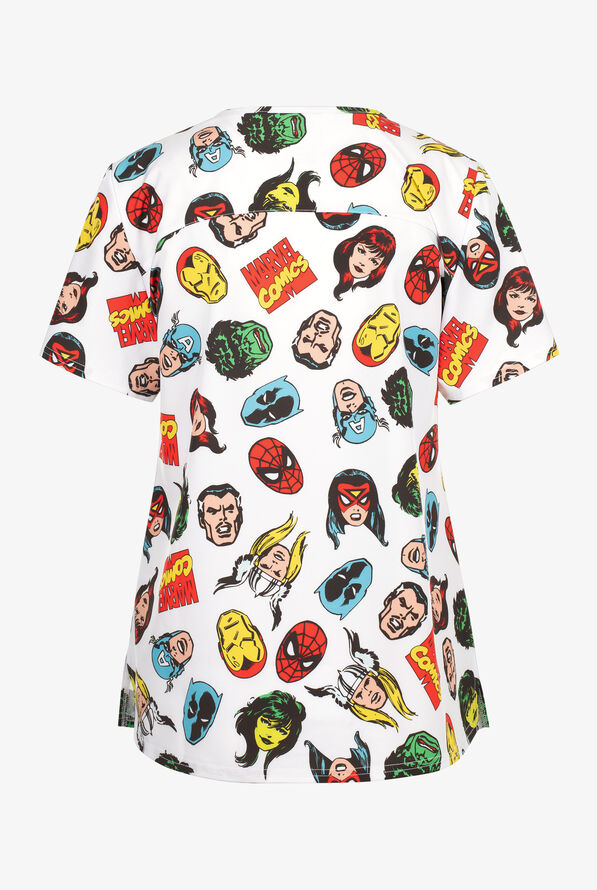 Blusa médica estampada FUNSCRUBS Marvel Comic Heads STRETCH con cuello en V y 2 bolsillos para mujer - null - 2