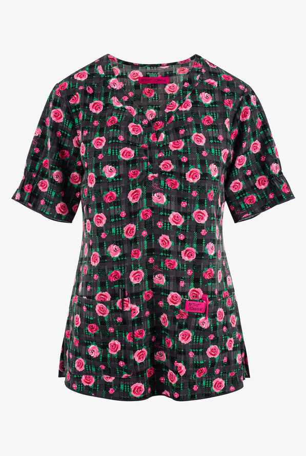 Betsey Johnson Cozy Roses Plaid Women's 2-Pocket STRETCH Y-Neck Print Scrub Top - null - 1