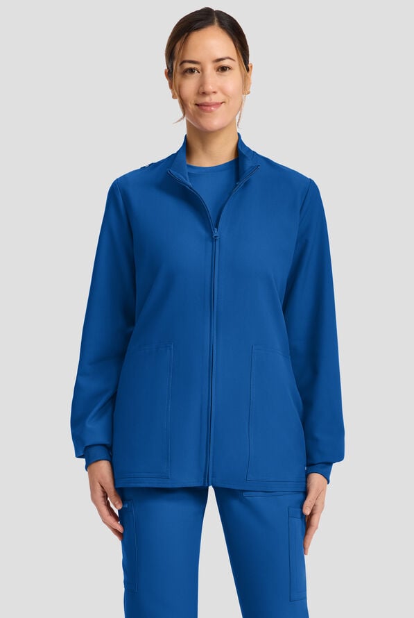 Cherokee Workwear Originals Ultra Women's 2-Pocket Crew Neck Zip Front Scrub Jacket - Royal - 2