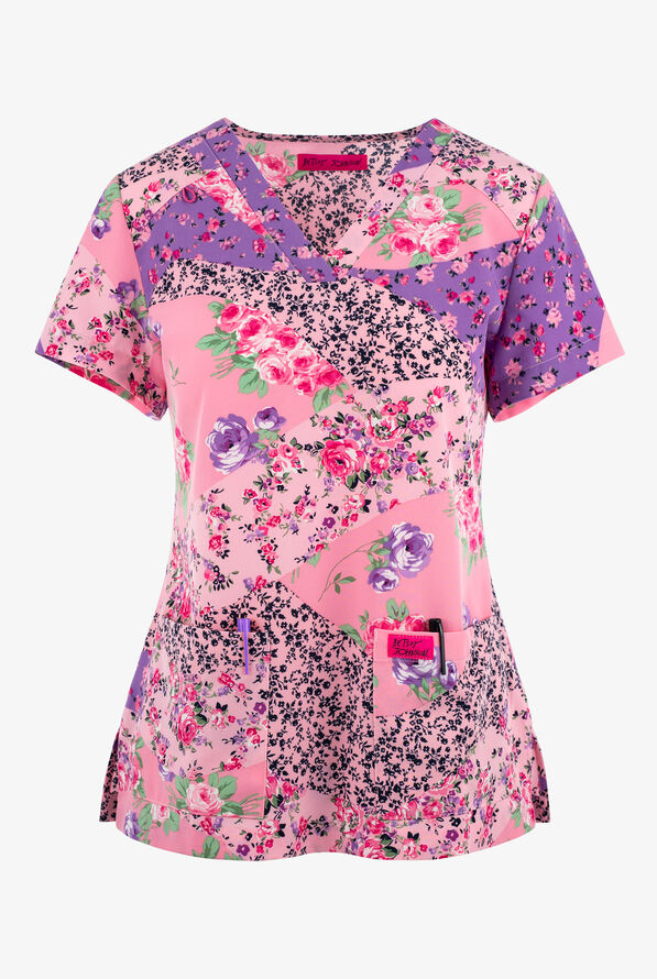Betsey Johnson Floral Harmony Women's 2-Pocket STRETCH V-Neck Print Scrub Top - null - 1