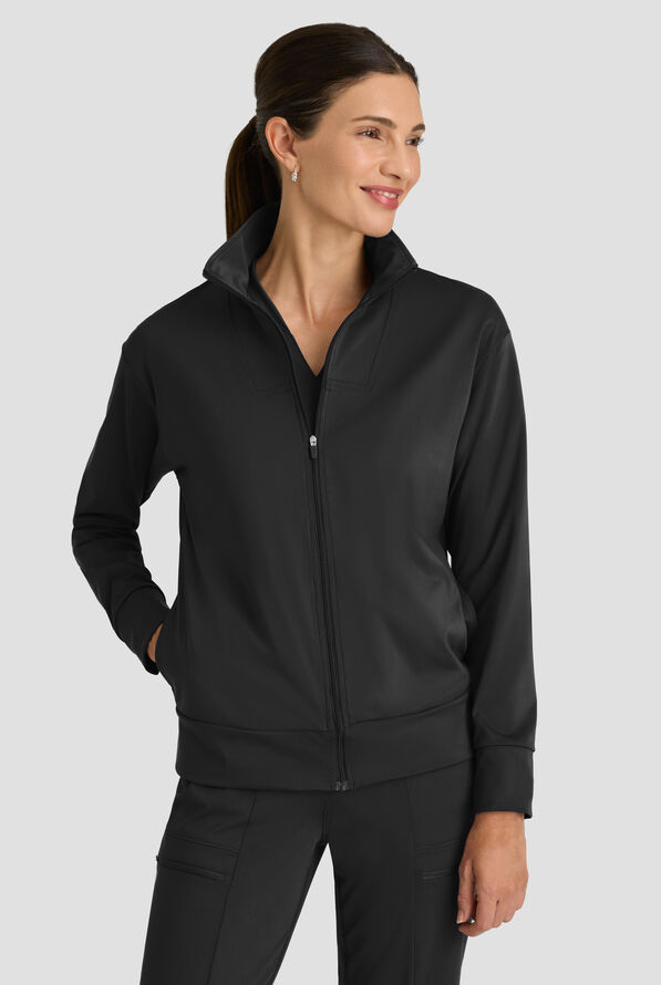 Grey's Anatomy by Barco Knit STRETCH Ease Warm Up Women's 4-Pocket Zip Front Scrub Jacket - Black - 2