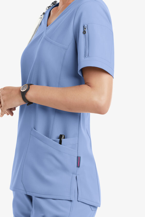 Blusa m&eacute;dica MOVEMENT by Butter-Soft Capella estilo cruzado con 5 bolsillos para mujer - Ceil Blue - 5