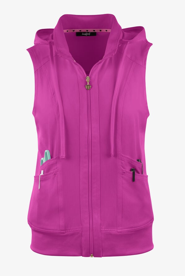 heartsoul Break On Through Women's 4-Pocket STRETCH With Removable Hoodie Scrub Vest - Berry Blast - 1
