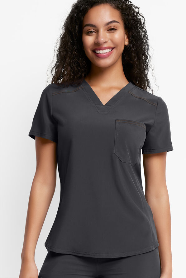 Dickies Riveting Women's 1-Pocket STRETCH Contrast Stitching Tuck In V-Neck Scrub Top - Navy - 2