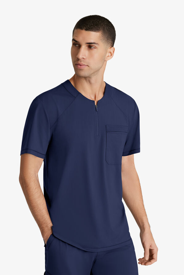 Skechers by Barco Slip-ins Flex Men's 1-Pocket STRETCH Tuck In Zipper Round Neck Scrub Top - Navy - 2