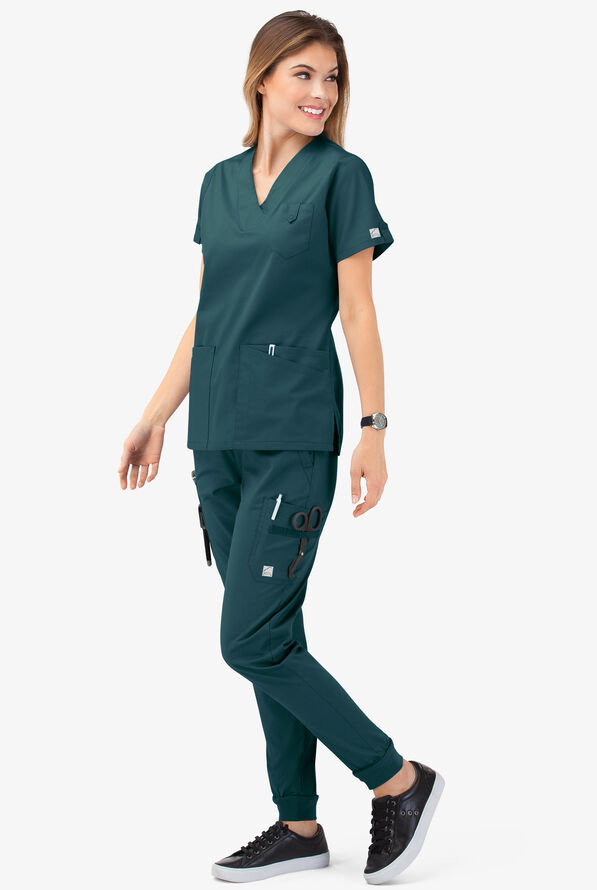 Butter-Soft STRETCH Women's 6-Pocket V-Neck Scrub Top - Caribbean Blue - 7
