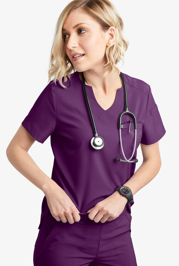 Easy STRETCH Nikki Women's 1-Pocket Scallop Neck Tuck-In Scrub Top - Eggplant - 6