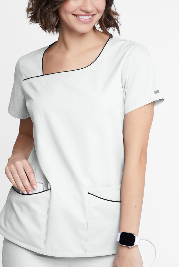 Butter-Soft Originals Women's 4-Pocket Asymmetrical Neck Scrub Top - White/Black - 4