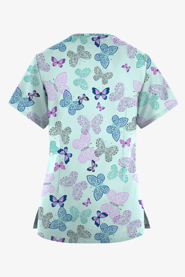 Butter-Soft Originals Blissful Butterfly Sea Frost Women's 4-Pocket Rounded V-Neck Print Scrub Top - null - 2