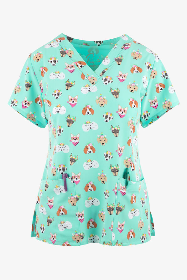 Maevn Picture Perfect Cats and Dogs Women's 3-Pocket STRETCH V-Neck Print Scrub Top - null - 1