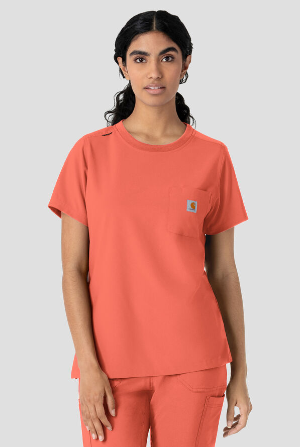 Carhartt Cross-Flex Force Women's 1-Pocket STRETCH Knit Trim Crew Neck Scrub Top - Dusty Cedar - 2