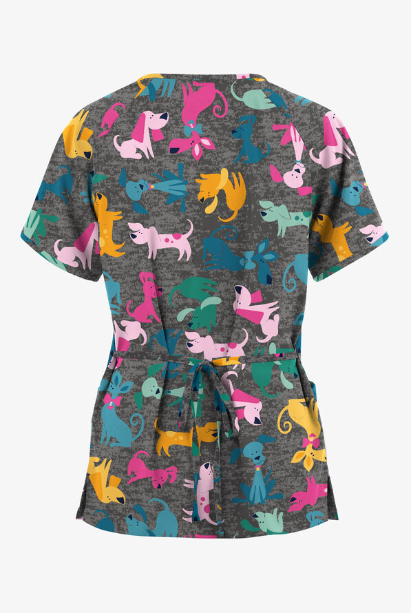 Butter-Soft Originals Paw Friends Pewter Women's 3-Pocket Mock Wrap with Ties Print Scrub Top - null - 2